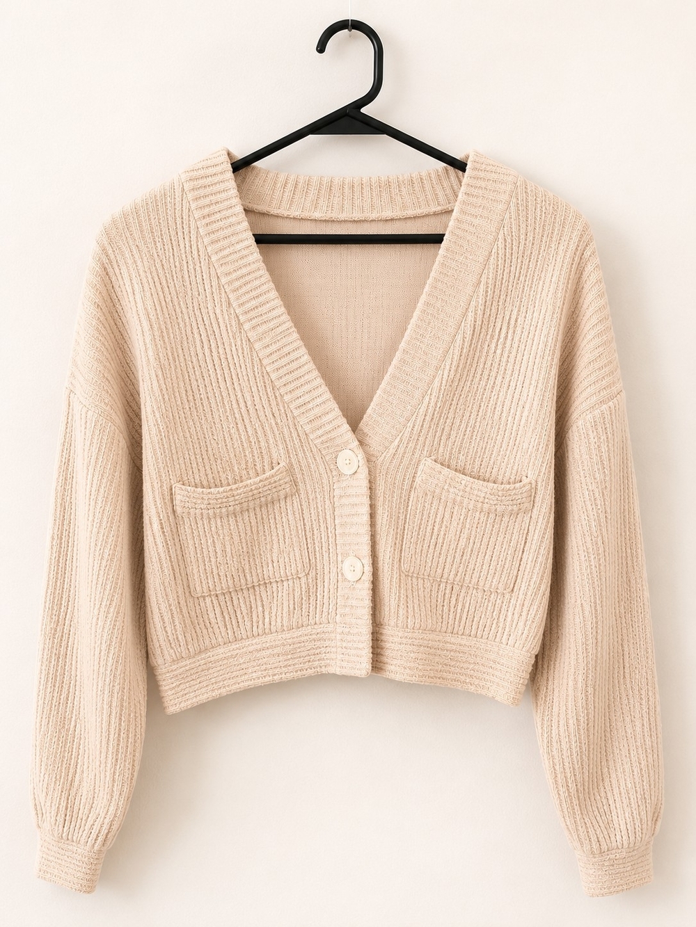 Women's Cropped V-Neck Cardigan Sweater in Beige